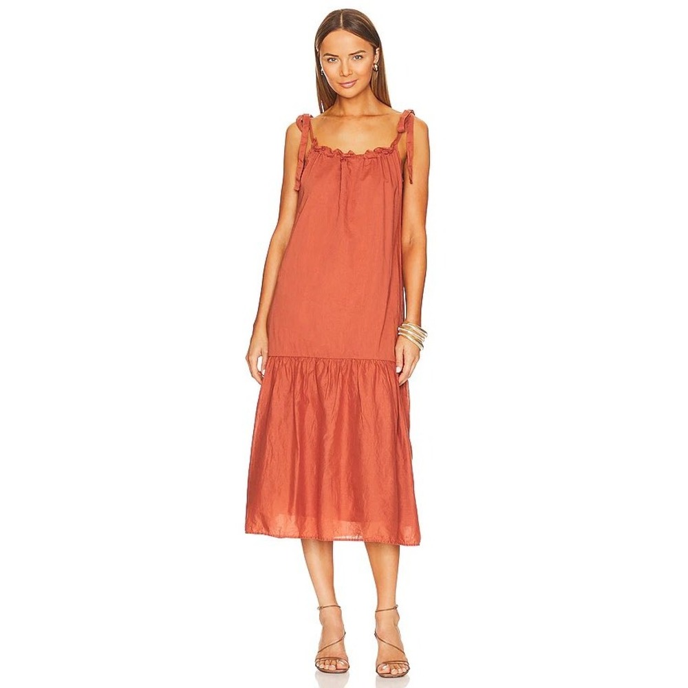Nation LTD Terracotta Orange Pima Cotton Tie Shoulder Tiered Midi Dress Medium
